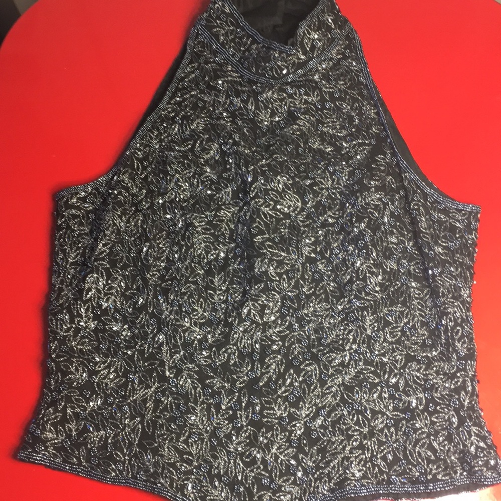 Black Silk beaded sleeveless evening top SZ Small